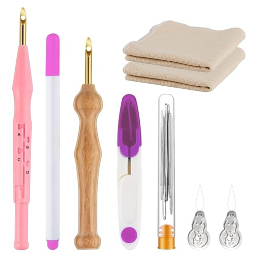 17 Stück Stickerei Starter kit, DIY Kit mit Stickstifte, 9 Stumpfe Nadeln (3 Größen), Stanznadeltuch, Markierstift, Garnschere, Einfädelhilfe Für Handwerk Stitching Applique-Verzierungen Anfänger von etoper