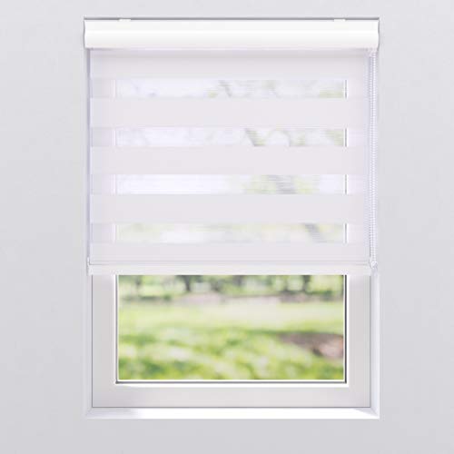 Doppelrollo Duo Rollo mit Alu Blende Fenster Kettenzugrollo Seitenzugrollo Kassettenrollo | 40-220 cm breit | 130, 175 und 240 cm hoch | Streifen Blickdicht und transparent | 120 x 130 cm, Weiß von etusimo