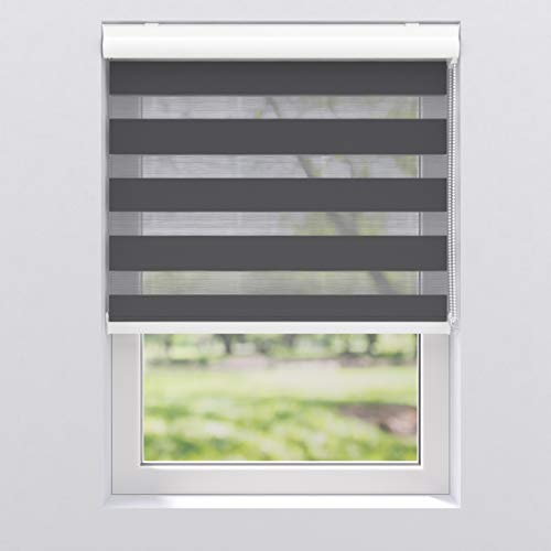 Doppelrollo Duo Rollo mit Alu Blende Fenster Kettenzugrollo Seitenzugrollo Kassettenrollo | 40-220 cm breit | 130, 175 und 240 cm hoch | Streifen Blickdicht und transparent | 85 x 175 cm, Schwarz von etusimo