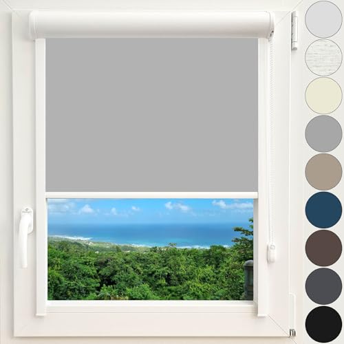 Kassettenrollo Thermorollo Verdunkelungsrollo Fenster Rollo mit Kassette und Führungsschienen zentimetergenaue Maßanfertigung Montage zum Kleben ohne Bohren Silberne Beschichtung Farbe Grau von etusimo