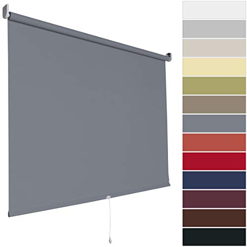 Springrollo Mittelzugrollo Schnapprollo Rollo | 13 Farben | Breite 62 - 202 cm Höhe 180 cm | Stoff blickdicht lichtdurchlässig | Wand- und Deckenmontage (Größe 192 x 180 cm, Farbe Dunkelgrau, Grau) von etusimo