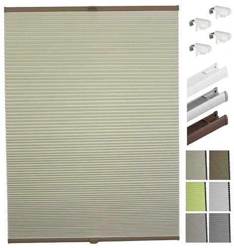 etusimo Thermoplissee nach Maß ohne Bohren Klemmfix Wabenplissee Faltrollo | Breite 30-50 cm x Höhe 101-150 cm, Stoff Beige, Schiene Weiß | Sonnenschutz Sichtschutz Fenster Tür von etusimo