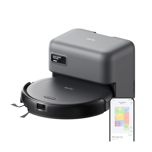 eufy C10 Saugroboter mit Automatischer Absaugstation, 7,3cm Ultraflaches Design, Teppichreinigung, Ausfahrbare Seitenbürste für Ecken, Automatische Entleerung, Punktlaser- & Infrarot-Navigation von eufy