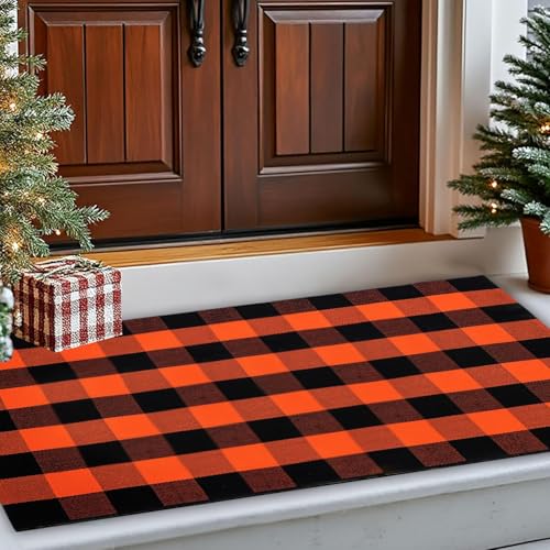 Buffalo Plaid Teppich, 70 x 109 cm, schwarz und orange kariert, waschbar, Haustürmatte, handgewebte Baumwolle, Outdoor-Teppich, kleiner Teppich für Veranda, Küche, Eingang, Terrasse, Badezimmer von euoloart