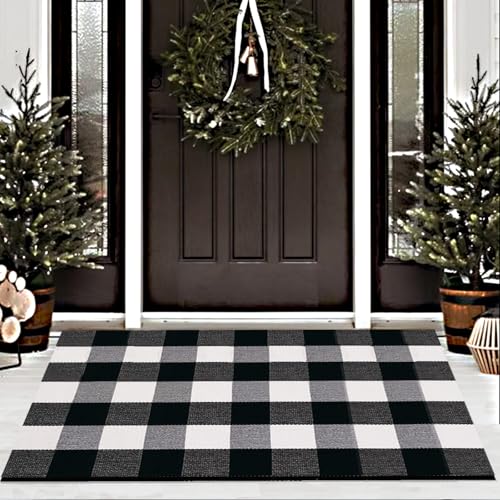 Buffalo Plaid Teppich 70 x 100 cm, schwarz-weiß kariert, rutschfeste Matte, handgewebte Baumwolle für den Innen- und Außenbereich, Eingangsbereich, Küche, Veranda und Badezimmerboden von euoloart