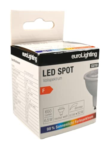 euroLighting LED Spot GU10 4000K, 6,5W Neutral Weiß 650lm mit Sonnenlichtspektrum/Vollspektrum, 3 Step Dimmbar von euroLighting