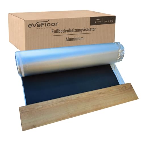 EVAFLOOR Aluminium Trittschalldämmung Laminat für Fußbodenheizung 1x20 Meter | Laminat Unterlage | Trittschalldämmung 2mm Hergestellt aus EVA + Aluminiumschicht | Mit Klebestreifen von evafloor