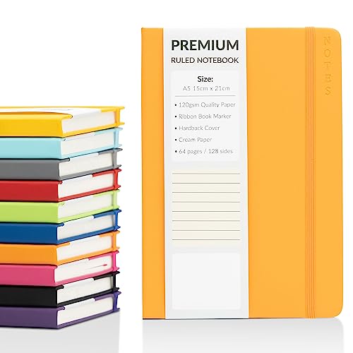 A5-Notizbuch, liniert, liniert, mit festem Einband aus Kunstleder und hochwertigem 120 g/m² dickem Papier (128 cremefarbene Seiten, Orange) von evelay