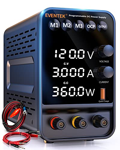 Labornetzteil, Eventek Programmierbares Labornetzgerät 120V 3A, Hochpräzises 4 stelliger LED Anzeige, 5V/3.6A USB-Anschluss Labor DC-Stromversorgungen (Gebereinstellknopf/Ausgangsschalter) von eventek