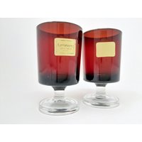 2x Schnapsglas Luminarc France "Cavalier" + Label - 60Er 70Er Jahre Mid Century Glas Design So Retro & Rubinrot Lounge Party Bar von everglaze
