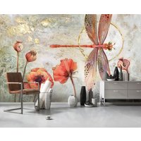 Tapete Wand Bildweise Moderne Einfache Handbemalt Aussehende Nordic Style Dragonfly Poppy Murals Hintergrundwand von evidecom