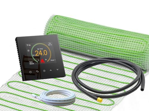 Thermostat RT-70 WLAN schwarz mit elektrischer Heizmatte UltraPro für Fliesen 160 W/m² (12 m² - 0,5 x 24 m²) von ew direkt