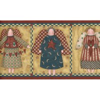 Debbie Mumm Primitive Folk Art Landengel Mit Gingham Herzen Stern Tapete Rand | Vorbeklebete 15 Ft X 6, 75 In von ewallpaperandborder