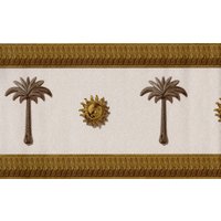 Raymondwaites Silberne Palme Und Goldene Sonnenmedaillon-Tapetenbordüre, Metallisch-Weißer Hintergrund in Kunstlederoptik, Art-Deco-Wanddekor Raymondwaites Silberne Palme Und Goldene Sonnenmedaillon-Tapetenbordüre, Metallisch-Weißer Hintergrund in Kunstlederoptik, Art-Deco-Wanddekor von ewallpaperandborder