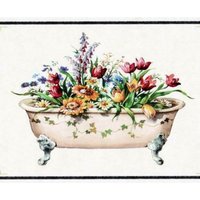 Vintage Badewanne Mit Sonnenblumen Tapetenbordüre - Schwarzweiße Tapete 17, 8 cm W Wanddekor Blumen Wandbordüre von ewallpaperandborder