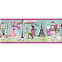 Wunderliche Pariser Café-Szene Mit Rosa Und Grüner Illustrationen-Tapetenbordüre, Mädchenzimmer - Spielzimmer-Wanddekor, Vorgeklebt, 4 M X 18 cm von ewallpaperandborder