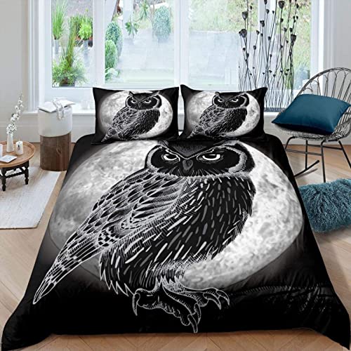 ewffb Bettwäsche 140x200 Eulenmotiv schwarz, Weiche GebüRstet Mikrofaser Bettbezug Set, Bettbezüge mit Reißverschluss und 2 Kissenbezug 80x80 cm von ewffb