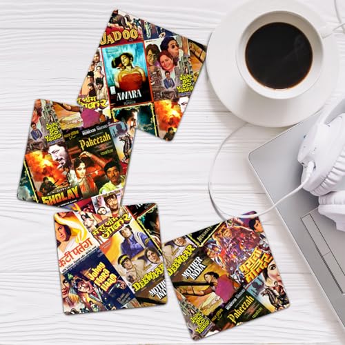 Bollywood-Untersetzer: Klassische indische Hindi-Filme-Untersetzer, MDF-Holzmaterial, Untersetzer für Zuhause und Küche, Bürotisch, Esstisch, Heimdekoration (4 Stück) von exciting Lives