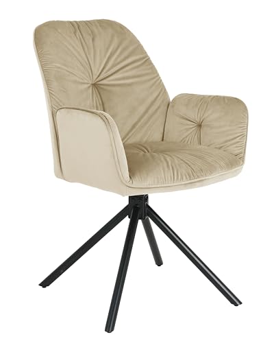 exitodesign - Koen - Polsterstuhl mit Armlehnen - Gesteppt - 360° Drehbar - mit schwarzem Metallgestell - aus Velours/Samt - für Esszimmer, Küche, Wohnzimmer, Salon, Schreibtisch - Beige von exitodesign