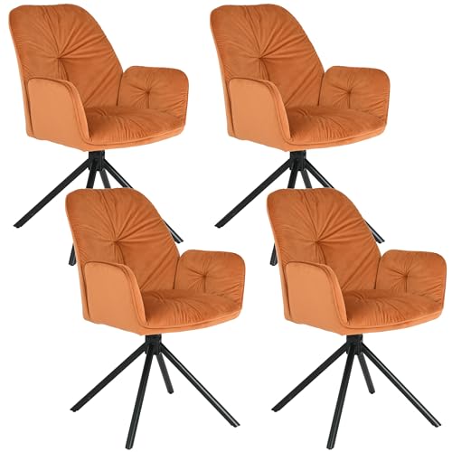 exitodesign Koen Polsterstuhl mit Armlehnen Gesteppt 360° Drehbar mit schwarzem Metallgestell aus Velours/Samt für Esszimmer Küche Wohnzimmer 6er Set Zimt-Orange von exitodesign