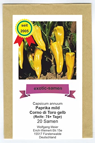 Gelbes, süßes Paprika in Form eines Stierhorns - Corno di Toro gelb - samenfeste Sorte - 20 Samen von exotic-samen