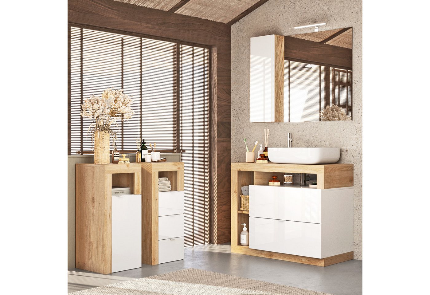 expendio Badmöbel-Set Hardo 26, (Spar-Set, 4-St), Weiß / Eiche Cadiz Nb. 165x180x49 cm von expendio