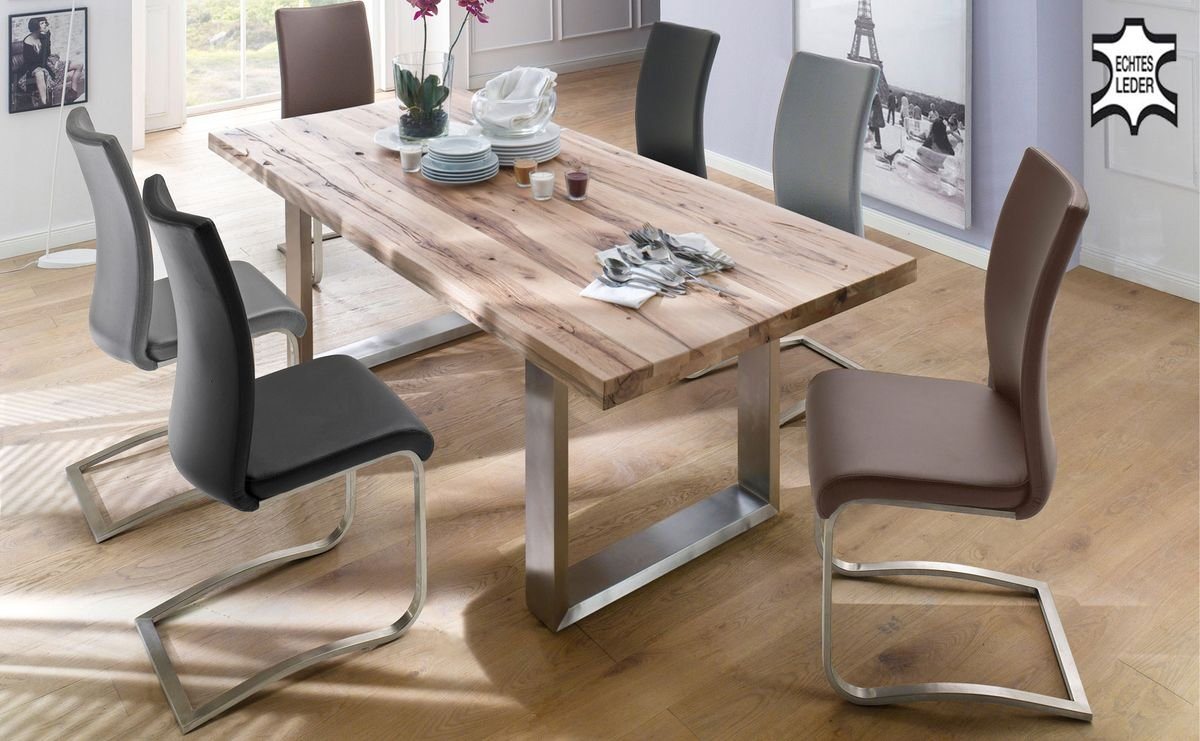 expendio Essgruppe Carson, (komplette Tischgruppe, Spar-Set, 7-tlg), Tisch Eiche gekälkt 180x76x100cm + 6x Stuhl Arcadia 2 Leder schwarz von expendio