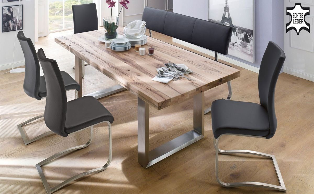 expendio Essgruppe Carson, (komplette Tischgruppe, Spar-Set, 6-tlg), Eiche gekälkt, Kufentisch 180x78x90 cm + 4x Stuhl + 1x Bank von expendio