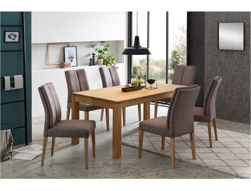 expendio Essgruppe Kantu 3XL, (komplette Tischgruppe, Spar-Set, 7-tlg), Ausziehtisch Eiche natur massiv 160(280)x90 cm + Stühle Flavia 7 taupe von expendio