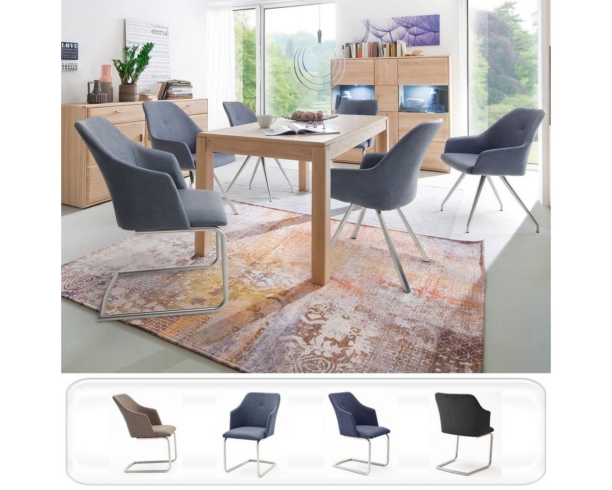 expendio Essgruppe Torrent 13, (Spar-Set, 11-tlg), Ausziehtisch Eiche bianco massiv 160(260)x90x78 cm mit Mittelauszug + 10x Stuhl Marion B3 Kunstleder Argentina graublau Edelstahl von expendio