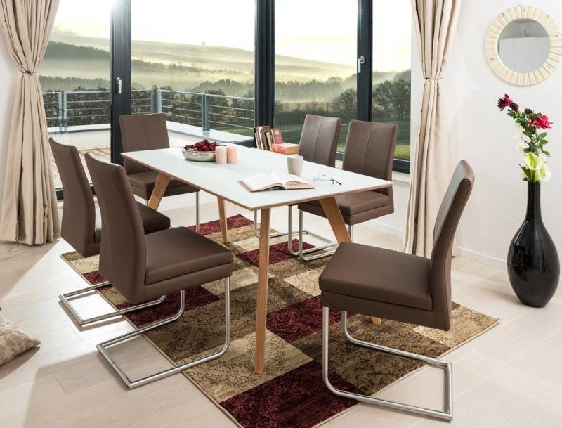 expendio Essgruppe Tromsa Vidrio, (komplette Tischgruppe, Spar-Set, 7-tlg), Tisch Eiche natur mit Glasauflage 140x90 cm + Stühle Gonda espresso von expendio