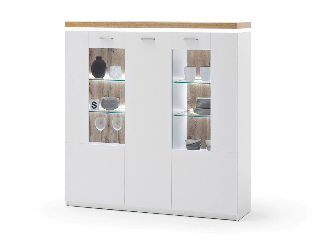 expendio Highboard Claire 11, weiß / Wotan Eiche Nb. 138x143x38 cm mit Deckplattenbeleuchtung von expendio