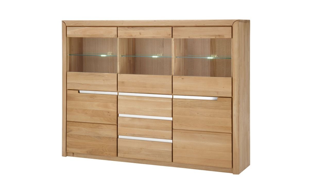 expendio Highboard Pisa 14, Eiche bianco massiv 180x134x41 montiert mit Beleuchtung und Softclose von expendio