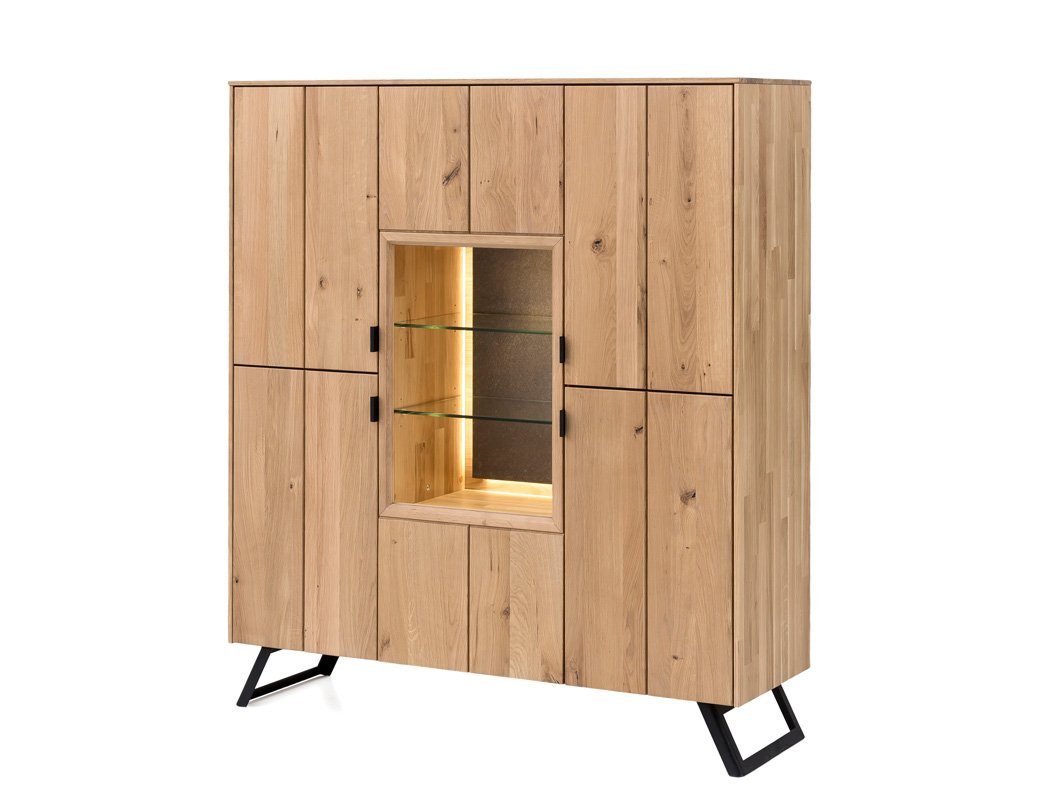 expendio Highboard Porto 8, Eiche bianco massiv 130x153x42 cm mit Steinrückwand und Beleuchtung von expendio