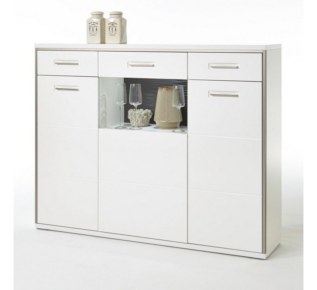 expendio Highboard Travis 2, weiß Hochglanz 154x121x45 cm vormontiert Beleuchtung Softclose von expendio