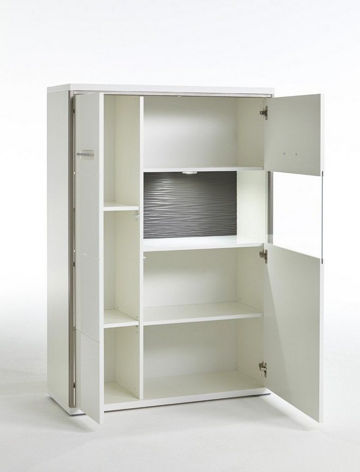 expendio Highboard Travis 3, weiß Hochglanz 94x137x38 cm vormontiert Beleuchtung Softclose-Funktion von expendio