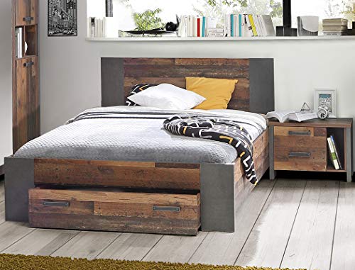 expendio Jugendbett Cedric 57 Vintage braun 140x200 cm Singlebett mit Schubkasten und Nachttisch Jugendzimmer Schlafzimmer von expendio