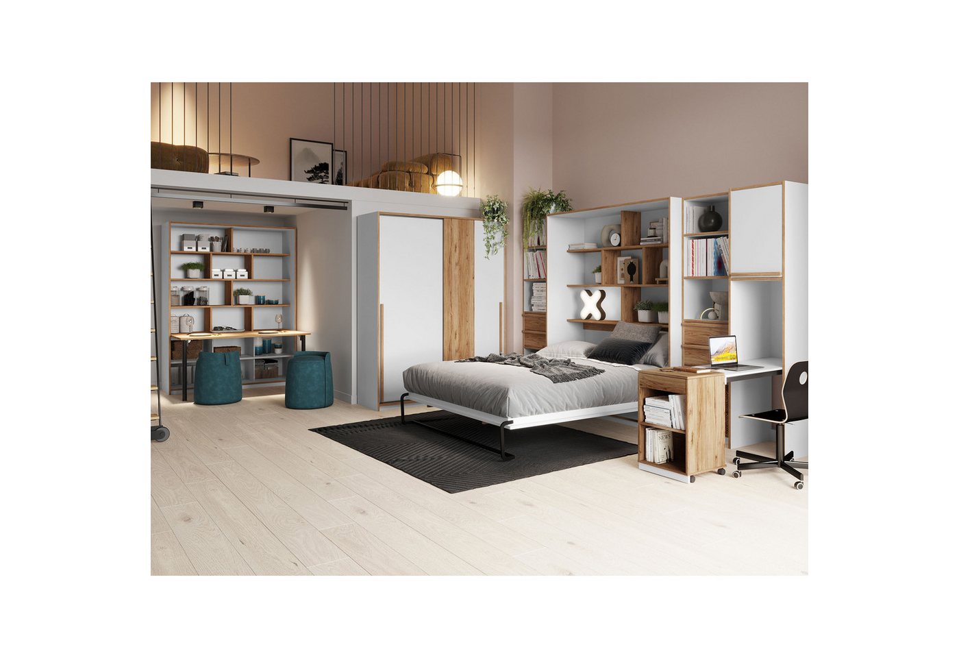 expendio Jugendzimmer-Set Simon 29, (Spar-Set, 7-St), Weiß / Catania Oak, 180x241x58 cm von expendio