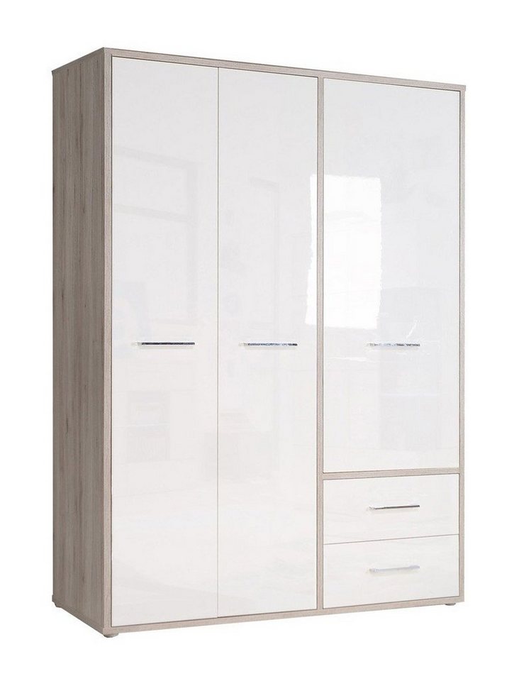 expendio Kleiderschrank Jana Drehtürenschrank weiss Hochglanz Sandeiche 147x202x60 cm Kleiderstange von expendio