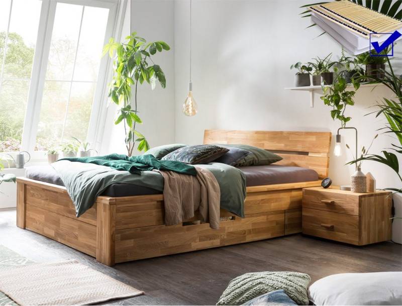 expendio Massivholzbett Cleo (Spar-Set, 3-tlg), Wildeiche massiv 140x200 cm inkl. Lattenrost und Matratze von expendio