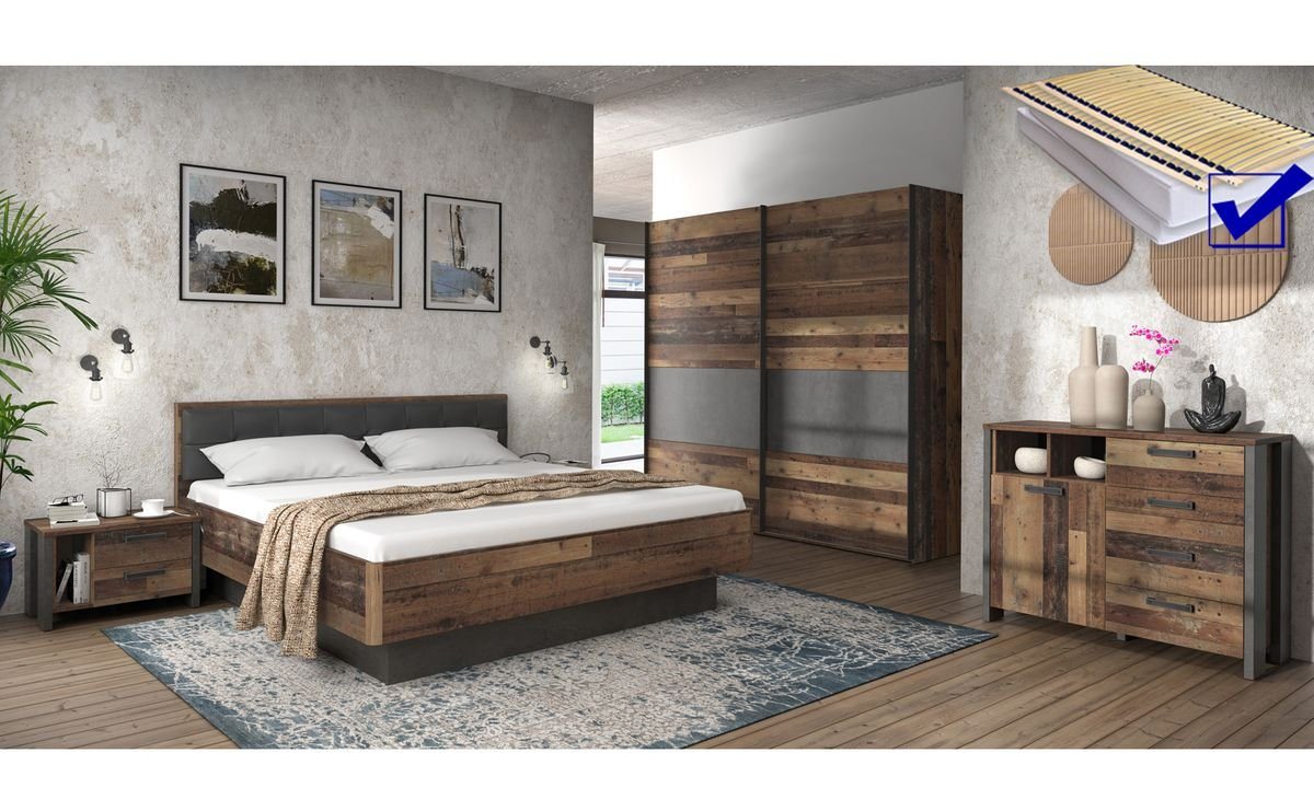 expendio Schlafzimmer-Set Cedric 95A, (Spar-Set, 9-tlg), Old Wood Vint. / Beton grau 180x200 cm mit Kunstlederkopft., LR, Matr. von expendio