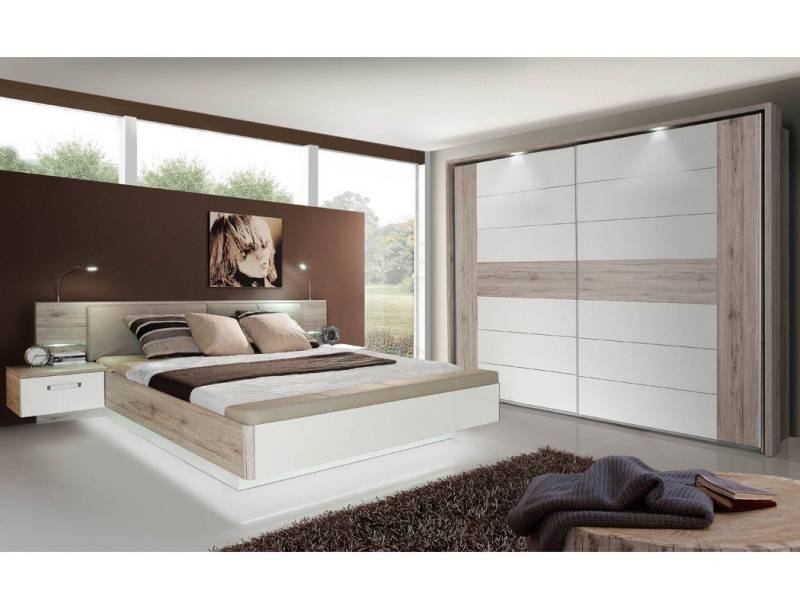 expendio Schlafzimmer-Set Rubio 20V, (Spar-Set, 2-tlg), Sandeiche / weiss 180x200 cm mit LED-Beleuchtung und Fussbank von expendio