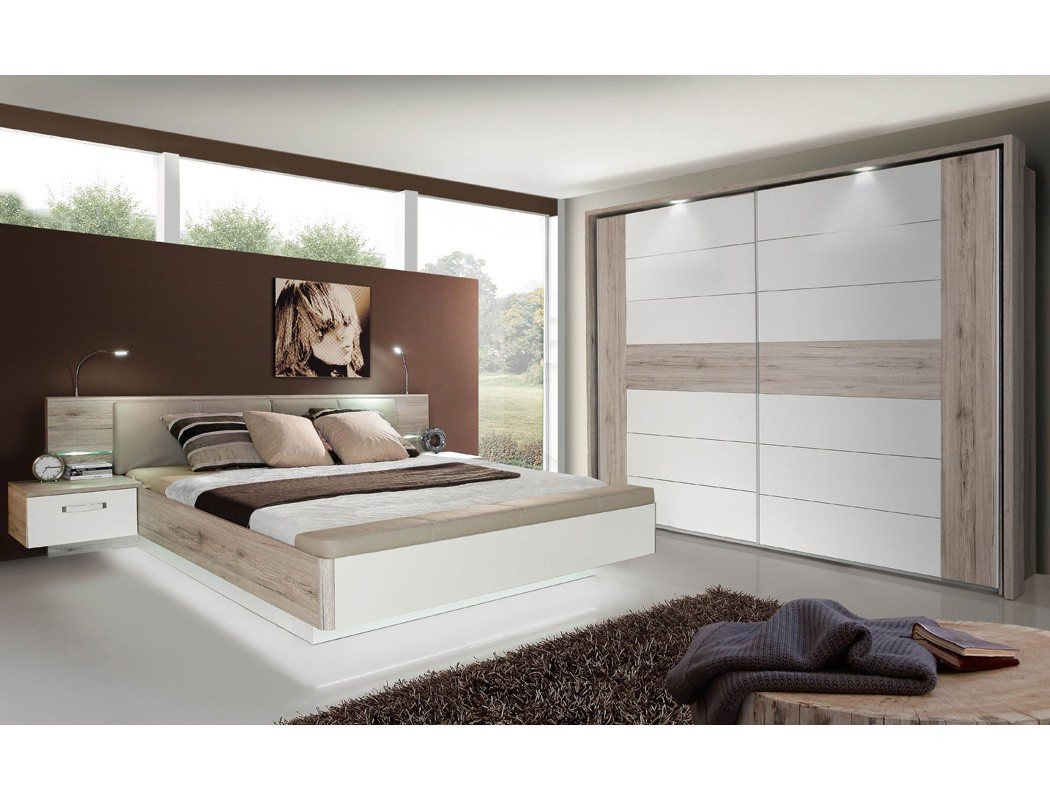 expendio Schlafzimmer-Set Rubio 20V, (Spar-Set, 2-tlg), Sandeiche / weiss 180x200 cm mit Sockelbeleuchtung und Fussbank von expendio