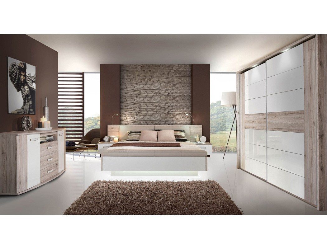 expendio Schlafzimmer-Set Rubio 21V, (Spar-Set, 3-tlg), Sandeiche / weiss 180x200 cm mit Sockelbeleuchtung und Fussbank von expendio