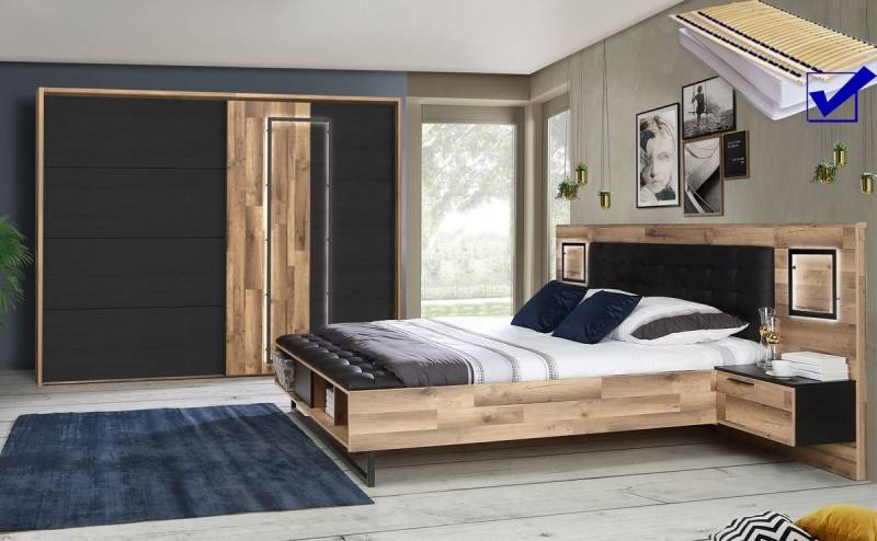 expendio Schlafzimmer-Set Samu 11, (Spar-Set, 6-tlg), Stabeiche / Schwarzeiche Nb. inkl. Lattenrost und Matratze, mit LED von expendio