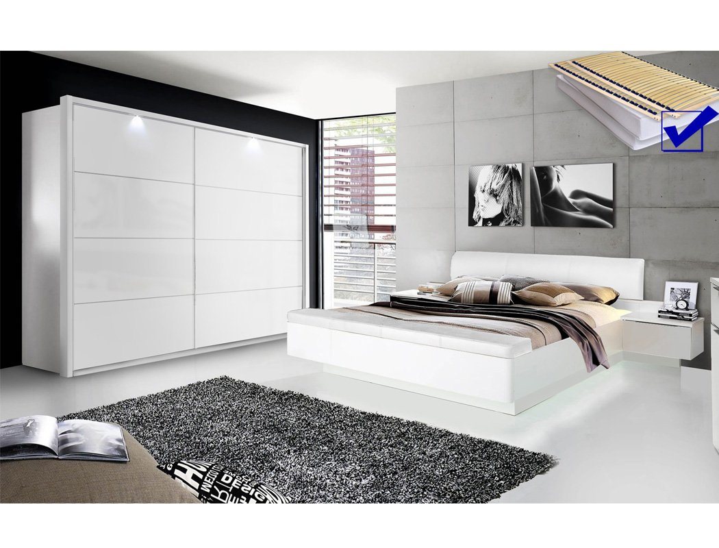 expendio Schlafzimmer-Set Sophie 20D, (Spar-Set, 6-St), weiss 180x200 cm mit Beleuchtung inkl. Lattenrost und Matratze von expendio