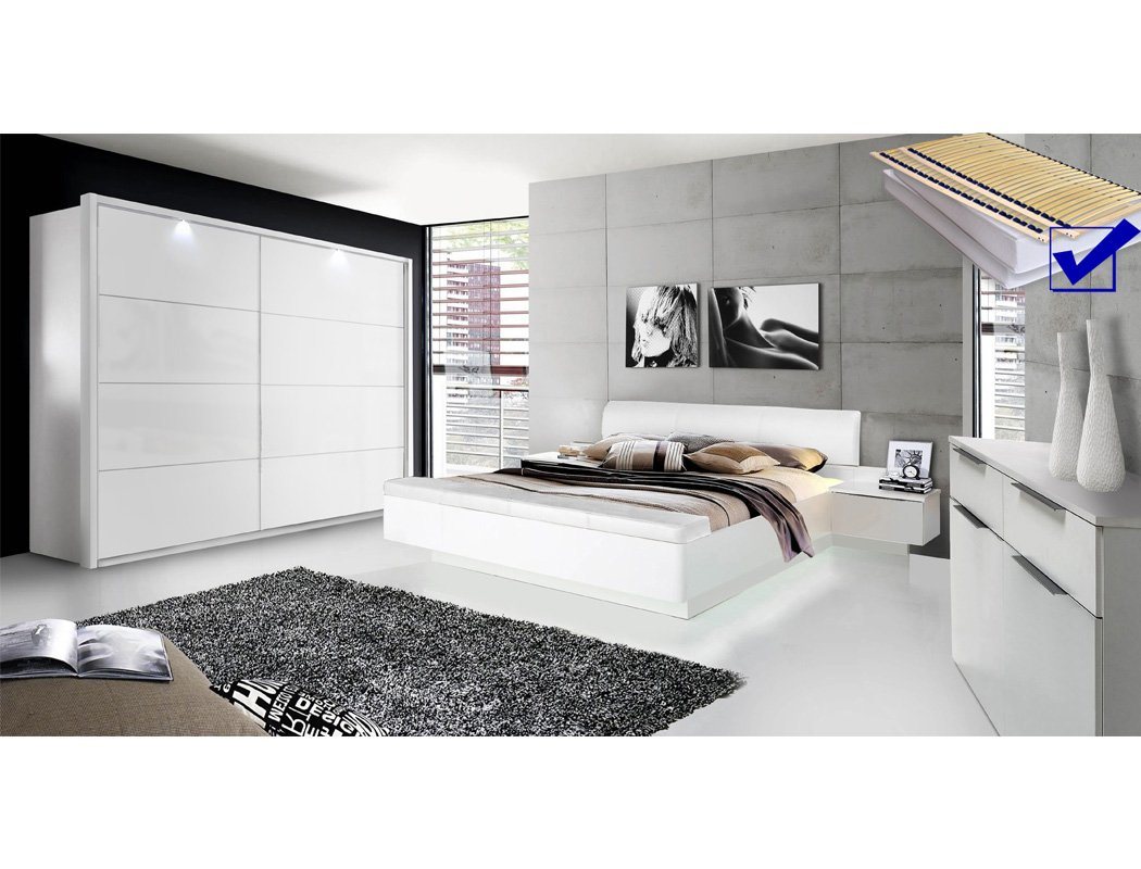 expendio Schlafzimmer-Set Sophie 21D, (Spar-Set, 7-St), weiss 180x200 cm mit Beleuchtung inkl. Lattenrost und Matratze von expendio