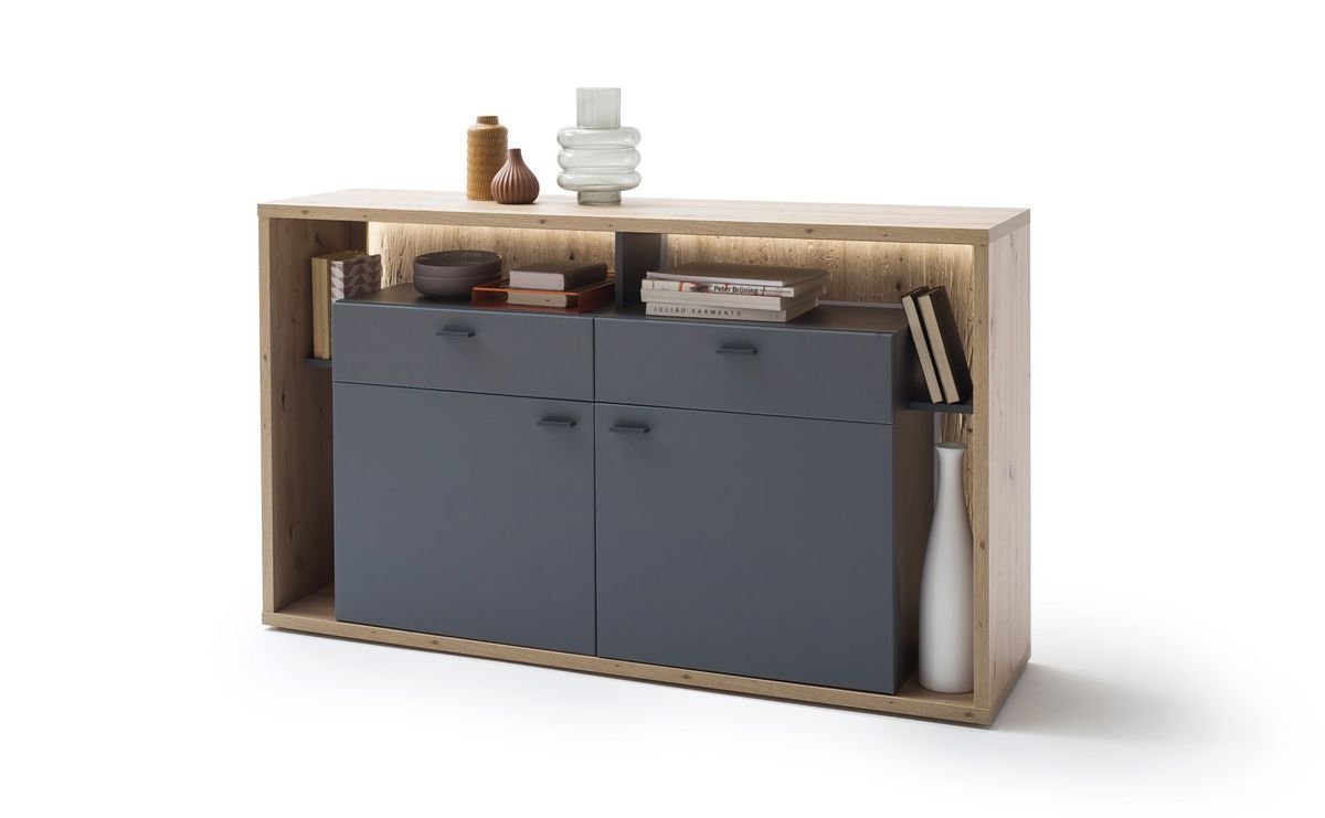 expendio Sideboard Liam 6, Royal grey / Balkeneiche Nb. 156x91x40 cm mit 2-in-1-Optik von expendio