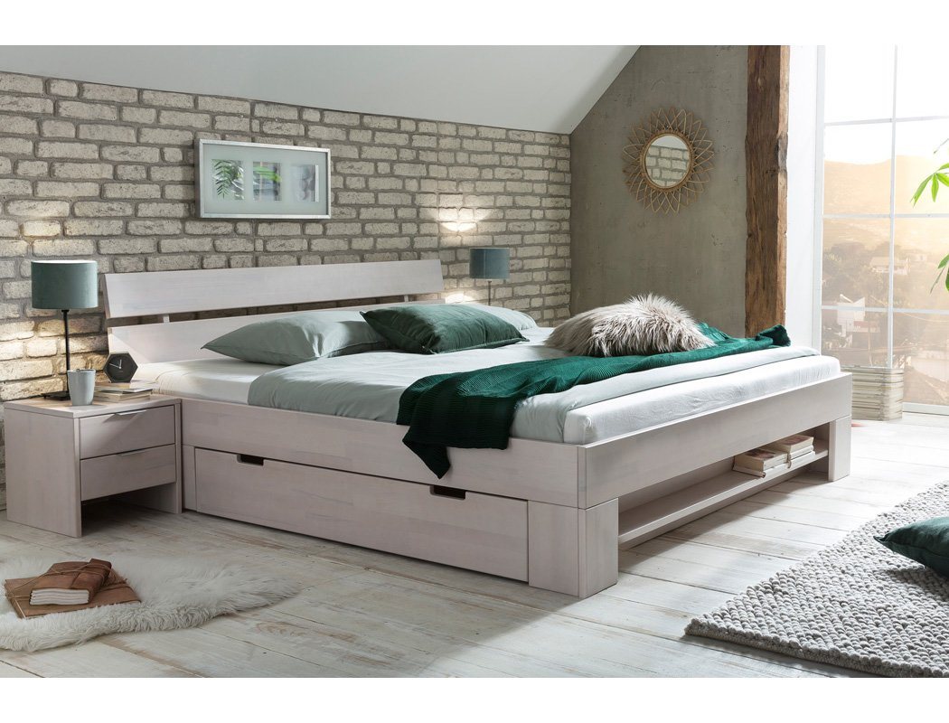 expendio Stauraumbett Eckbert (3-tlg), Kernbuche massiv weiß 160 x 200 cm inkl. 1x Regal, 1x Bettschubkasten von expendio