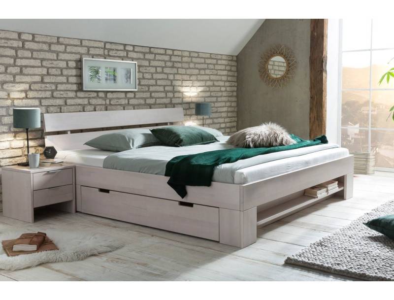 expendio Stauraumbett Eckbert (6-tlg), Kernbuche massiv weiß 140 x 200 cm 1x Regal, 2x Nako, 2x Schubkasten von expendio